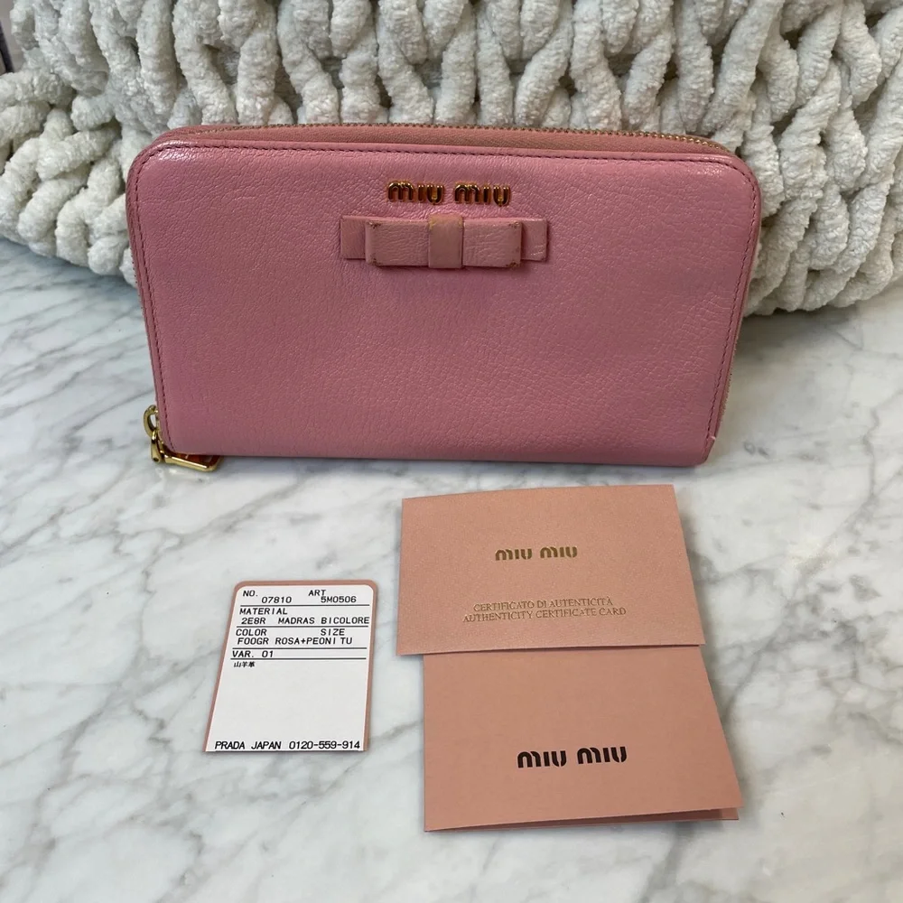 Miu Miu Rose Pink Leather Zip-Around Wallet with Bow